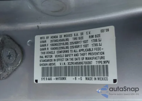 2009 Honda Cr-V Ex z USA, uszkodzony, nr VIN 3CZRE48589G700397